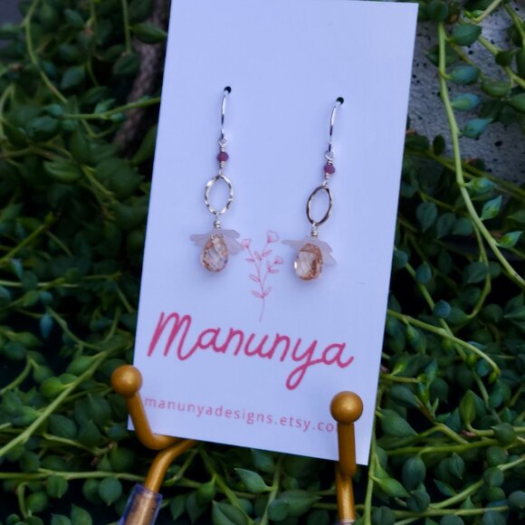 Dangle Flower Earrings - Champagne Cubic Zirconia & Lucite Petals | Sterling Sil - Picture 2 of 4